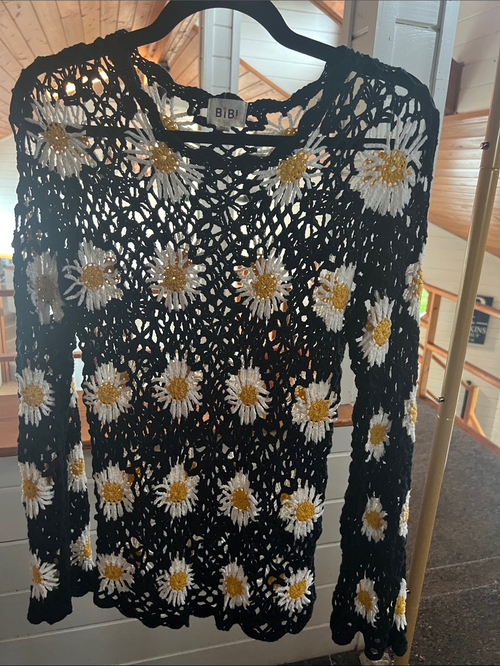BiBi Black Crochet Daisy Long-Sleeve Top